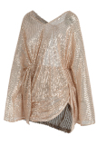 Champagne Fashion Sexy Patchwork Sequins V Neck Long Sleeve Dresses