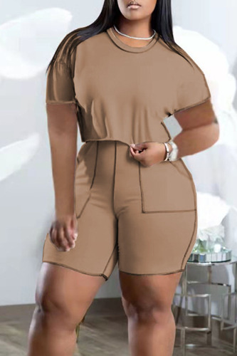 Khaki Casual Solid Patchwork O Neck Plus Size Two Pieces