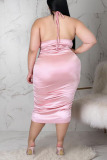 Pink Sexy Solid Patchwork Backless Fold Halter One Step Skirt Plus Size Dresses