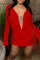 Red Sexy Solid See-through Backless Asymmetrical V Neck Long Sleeve Two Pieces
