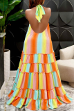 Orange Casual Striped Patchwork Halter Cake Skirt Dresses