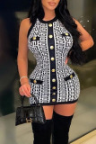 Pink Casual Print Patchwork Buckle O Neck Pencil Skirt Dresses