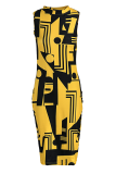 Yellow Casual Print Patchwork Half A Turtleneck Pencil Skirt Dresses