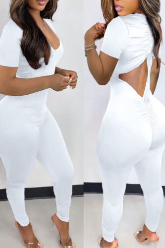 White Sexy Solid Patchwork Backless V Neck Regular Jumpsuits