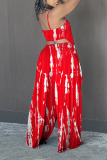 Red Sexy Print Patchwork Asymmetrical Spaghetti Strap Two Pieces