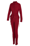 Burgundy Fashion Casual Solid Draw String Fold Turndown Collar Long Sleeve Two Pieces