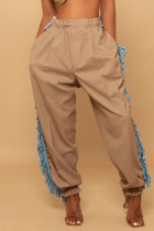 Khaki Casual Solid Tassel Patchwork Loose High Waist Pencil Solid Color Bottoms