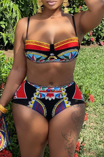 Multicolor Sexy Vintage Print Patchwork Swimwears