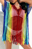 Rainbow Color Rainbow Multicolor Sexy Tassel See Through Cover Ups Swimwears Sun Protection Blouse