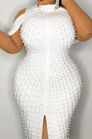White Fashion Casual Solid Slit Beading Mandarin Collar Pencil Skirt Plus Size Dresses
