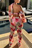 Pink Sexy Print Patchwork Halter Long Sleeve Two Pieces