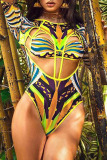 Yellow Sexy Print Bandage Hollowed Out Patchwork Swimwears