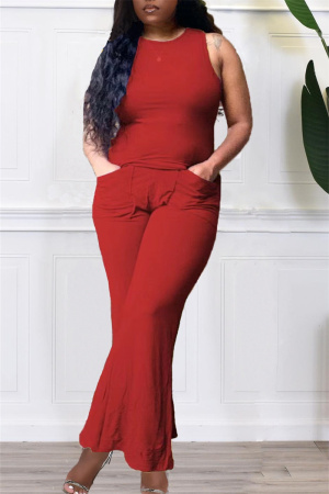 Red Fashion Casual Solid Vests Pants O Neck Sleeveless Two Pieces