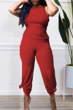 Red Fashion Casual Solid Vests Pants O Neck Sleeveless Two Pieces