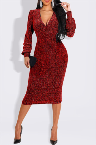 Red Fashion Casual Bronzing Bright Silk V Neck Long Sleeve Dresses