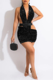 Black Fashion Sexy Patchwork Hollowed Out Sequins Backless Halter Sleeveless Dress