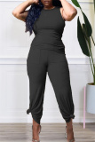 Black Fashion Casual Solid Vests Pants O Neck Sleeveless Two Pieces