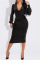 Black Fashion Casual Bronzing Bright Silk V Neck Long Sleeve Dresses