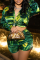 Green Casual Print Patchwork Turndown Collar Long Sleeve Two Pieces