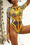 Yellow Sexy Print Bandage Hollowed Out Patchwork Swimwears