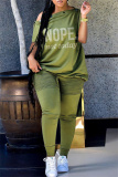 Army Green Fashion Casual Letter Hot Drilling Patchwork Oblique Collar Short Sleeve Two Pieces
