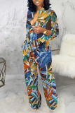 Multicolor Casual Print Patchwork V Neck Straight Jumpsuits