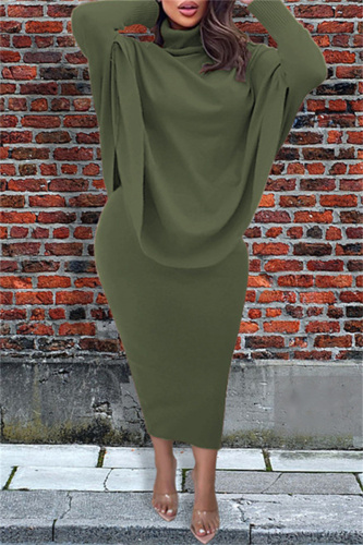 Army Green Fashion Casual Solid Patchwork Slit Asymmetrical Turtleneck Long Sleeve Two Pieces