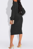 Black Fashion Casual Bronzing Bright Silk V Neck Long Sleeve Dresses