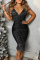 Black Fashion Sexy Patchwork Sequins Backless Slit V Neck Sling Dress