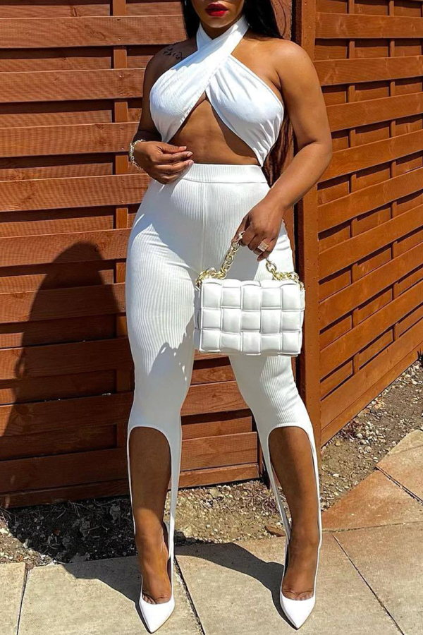 White Sleeveless Halter Crossover Crop Top and Trouser Set Casual Vacation 2 Piece Pants Set