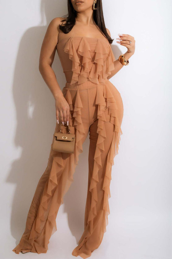Apricot Sexy Solid Patchwork See-through Flounce Strapless Sleeveless Two Pieces