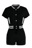 Black Casual Solid Patchwork Mandarin Collar Short Sleeve Two Pieces