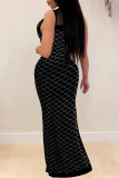 Black Fashion Sexy Patchwork Hot Drilling See-through O Neck Sleeveless Dress Dresses