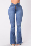 Dark Blue Fashion Casual Solid Buttons High Waist Regular Denim Jeans