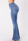 Dark Blue Fashion Casual Solid Buttons High Waist Regular Denim Jeans