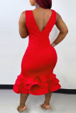 Red Fashion Sexy Solid Patchwork V Neck Evening Dress