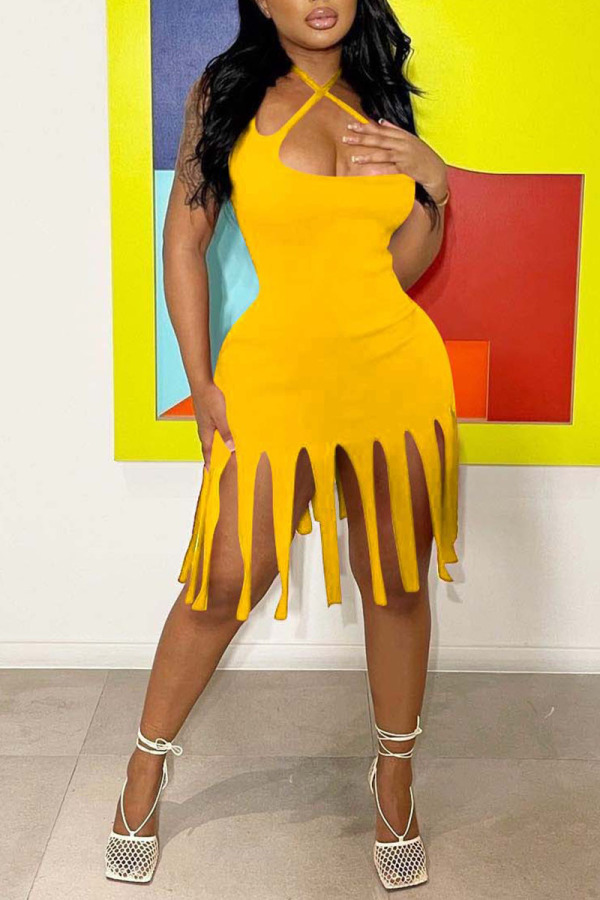 Yellow Sexy Solid Tassel Patchwork Pencil Skirt Dresses