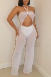White Sexy Solid Patchwork See-through Halter Straight Jumpsuits