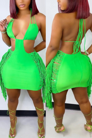 Green Sexy Solid Tassel Hollowed Out Split Joint Backless Halter Pencil Skirt Dresses