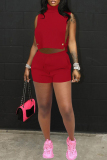 Red Fashion Casual Solid Hollowed Out Turtleneck Sleeveless Two Pieces