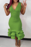 Green Fashion Sexy Solid Patchwork V Neck Evening Dress