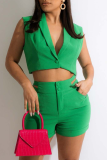 Green Sexy Solid Patchwork Turndown Collar Sleeveless Two Pieces