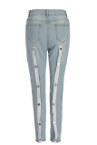 Medium Blue Casual Solid Buckle High Waist Skinny Denim Jeans