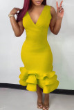Yellow Fashion Sexy Solid Patchwork V Neck Evening Dress