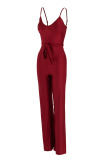Wine Red Daily Spandex Solid Bandage Backless Spaghetti Strap Regular Jumpsuits