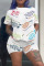White Fashion Casual Print Basic O Neck Short Sleeve Two Pieces