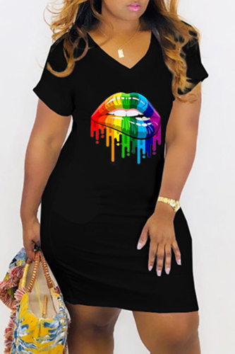 Black Fashion Casual Lips Printed Basic V Neck Short Sleeve Dress