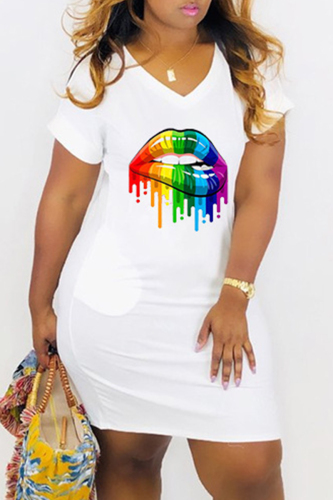 White Fashion Casual Lips Printed Basic V Neck Short Sleeve Dress