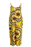 Yellow Fashion Sexy Print Backless Spaghetti Strap Plus Size Jumpsuits