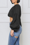 Black Casual Sweet Solid Patchwork Fold O Neck Tops